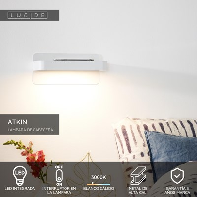 Lucide ATKIN - Lámpara de cabecera / Lámpara de pared - LED - 1x6W 3000K - Con punto de carga USB - Blanco